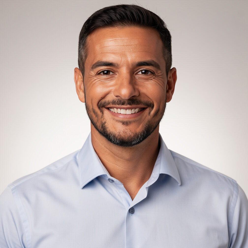 Studio portrait of a Brazilian man mentor smiling