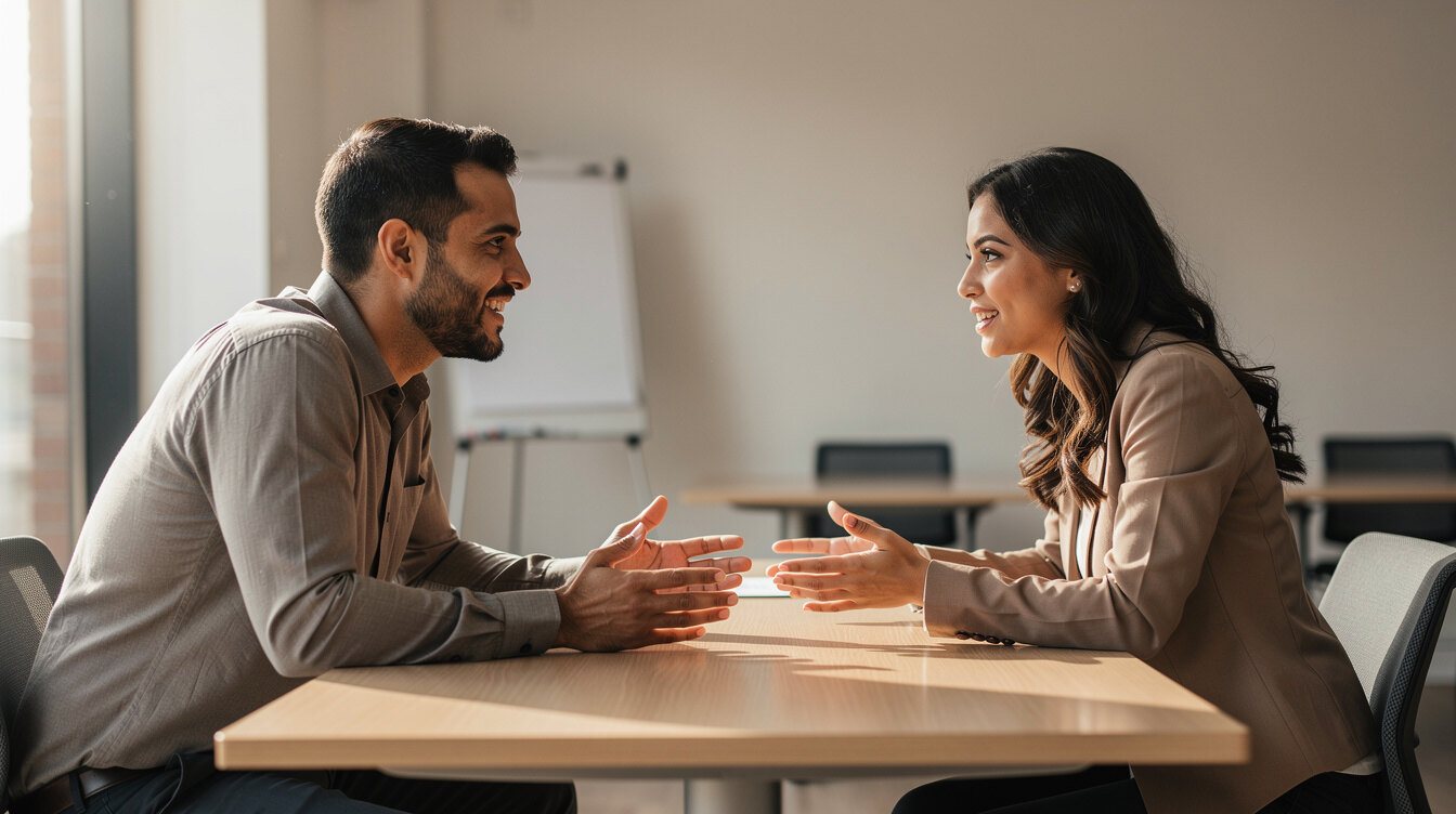 Two people having a focused conversation across a table
